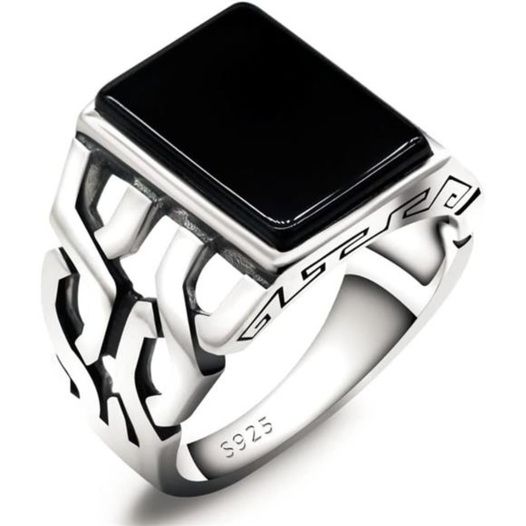 Men Silver Ring Chain Band Onyx Ring For Men Female S925 Sterling